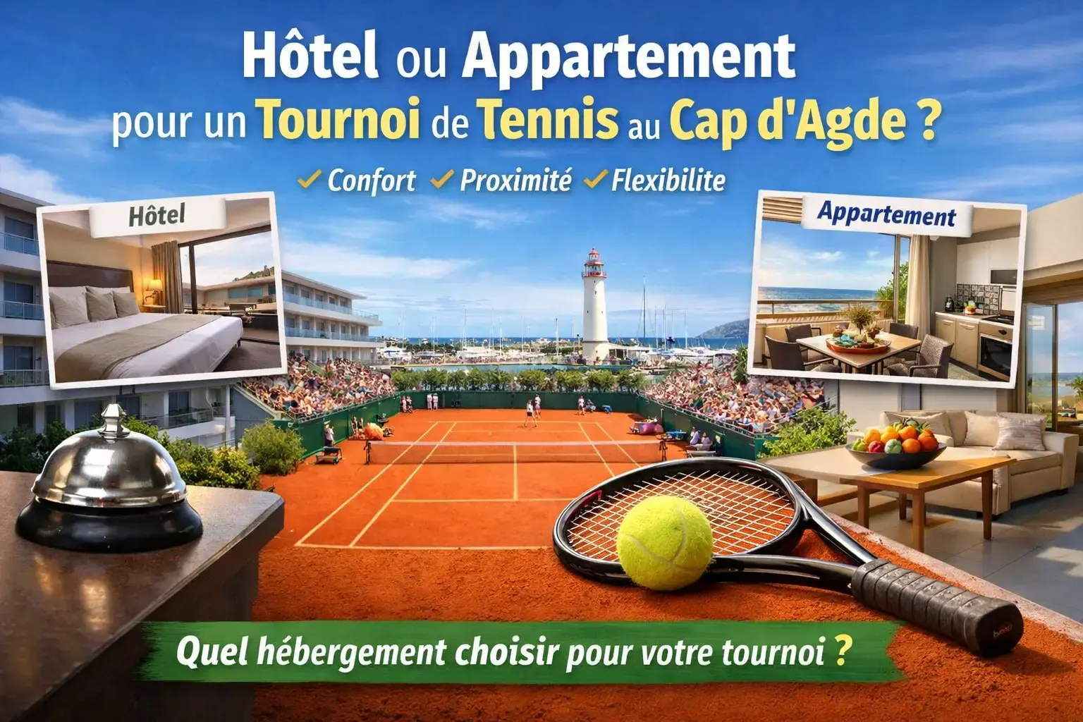 Hotel oder Wohnung in Cap d‘Agde für ein Tennisturnier, Vergleich zwischen Hotelunterkunft und Mietobjekt mit Blick auf Tennisplätze und Meer