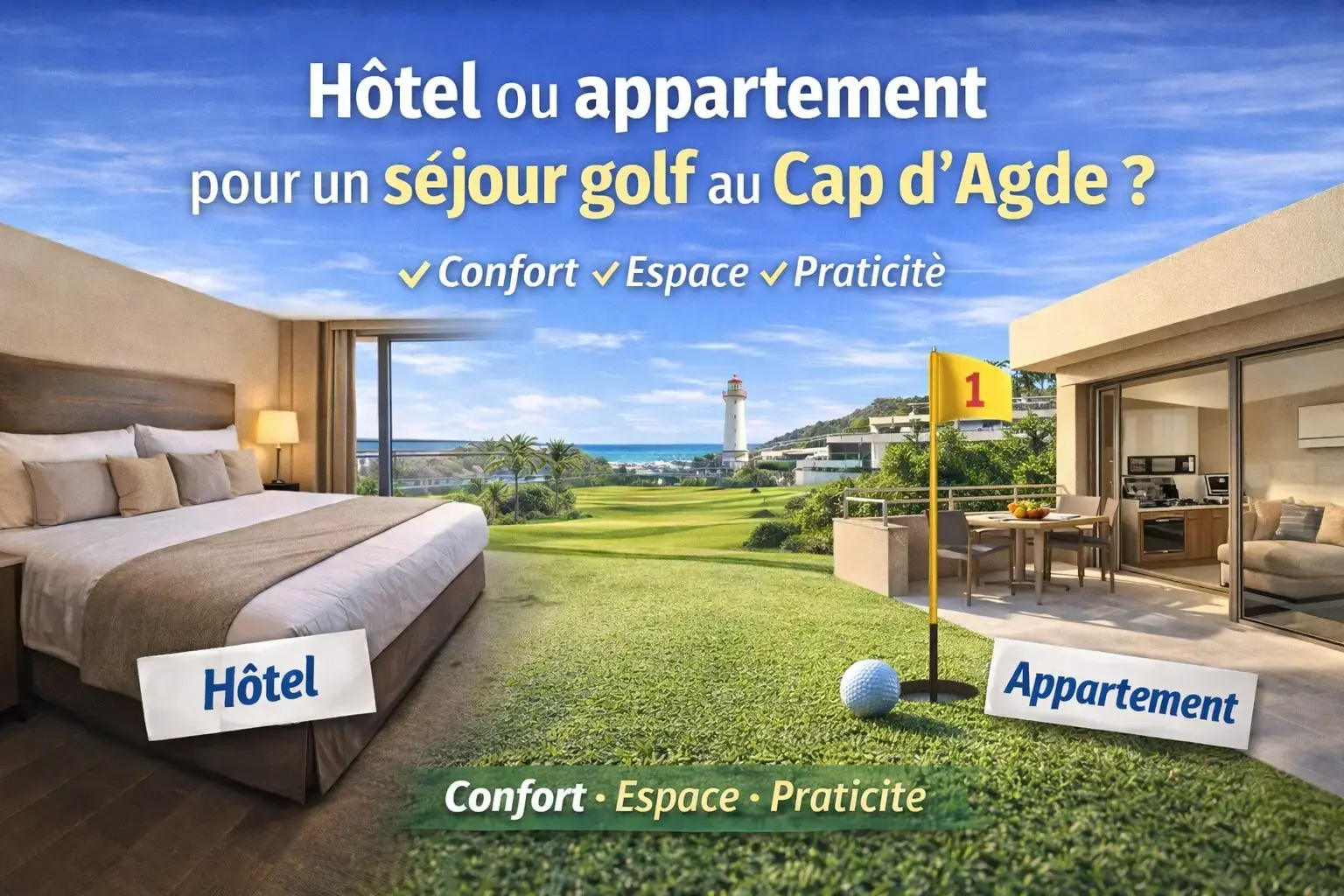 Hôtel ou appartement au Cap d’Agde pour un séjour golf, comparaison entre chambre d’hôtel et location avec vue sur parcours de golf et mer
